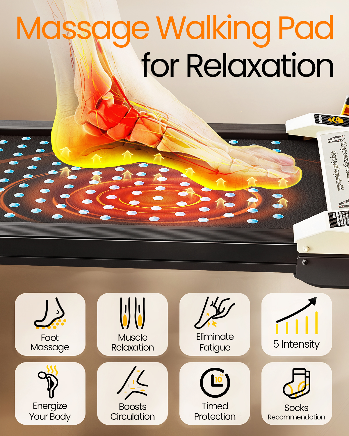 Una esterilla de masaje para caminar muestra puntos óseos y nerviosos para relajación, cuidado muscular y mejor circulación.