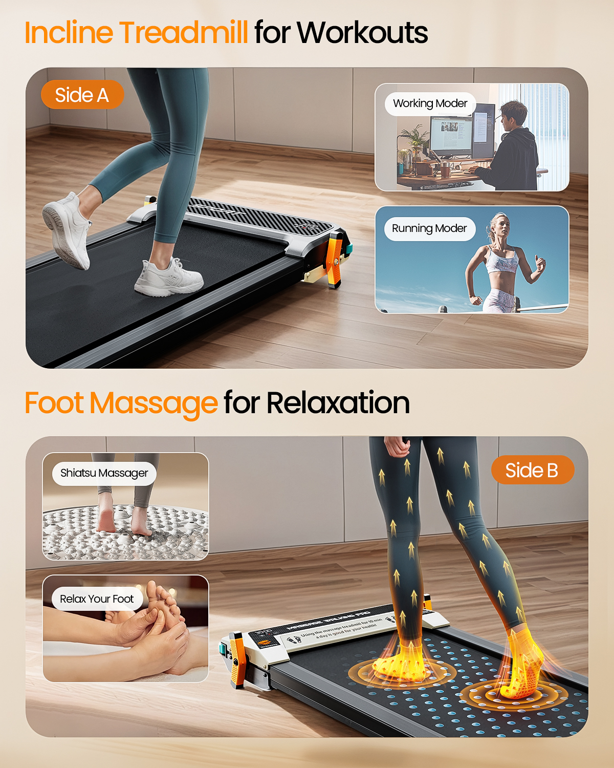 Una caminadora multifuncional con masaje de pies, con imágenes insertadas que muestran modos de trabajo y correr.
