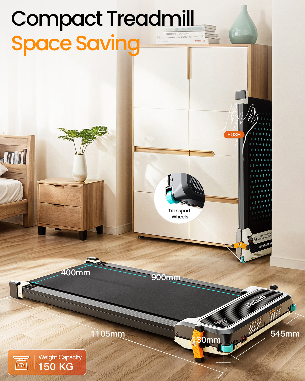 Cinta de correr compacta en suelo de madera con medidas y función de plegado en una habitación.