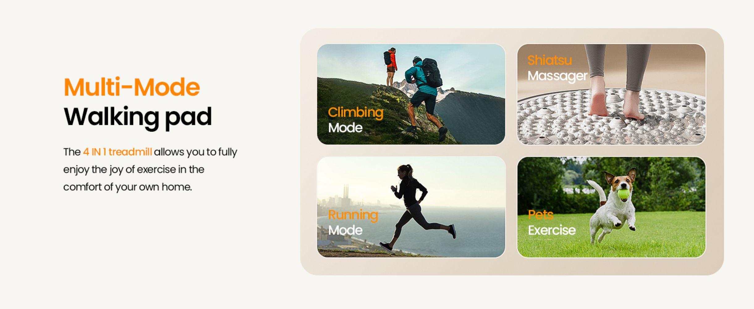 Anuncio de caminadora multi-modo con cuatro fotos mostrando escalada, masaje shiatsu, correr y mascota.