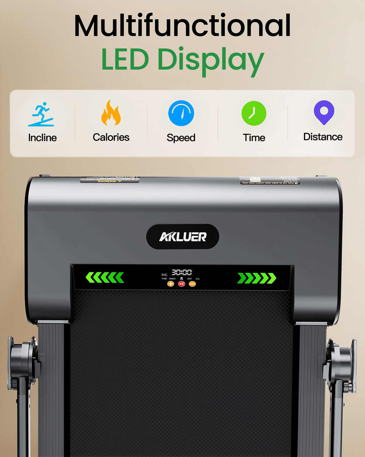 Una caminadora con pantalla LED multifuncional que muestra inclinación, calorías, velocidad, tiempo y distancia.