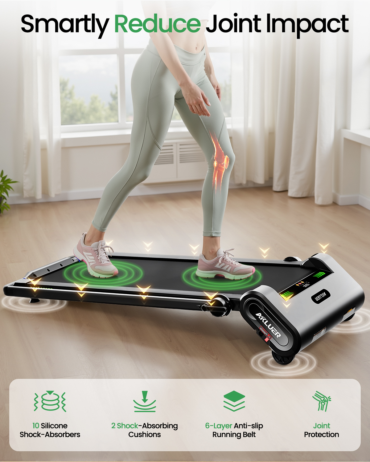 Una mujer con ropa deportiva camina sobre una caminadora plateada con tecnología amortiguadora.