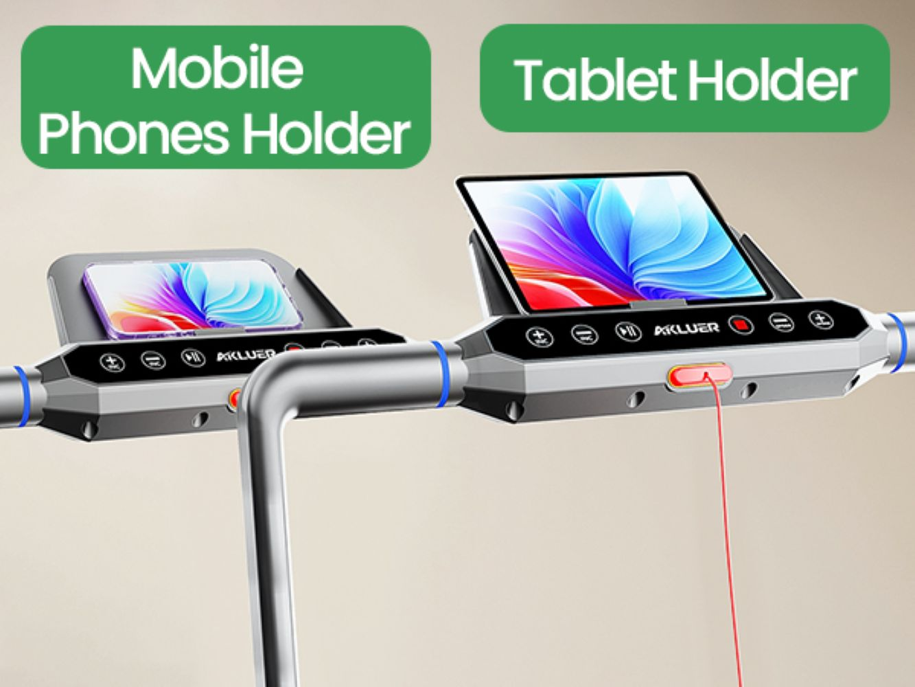Consola de caminadora que muestra un soporte para móvil y una tablet.