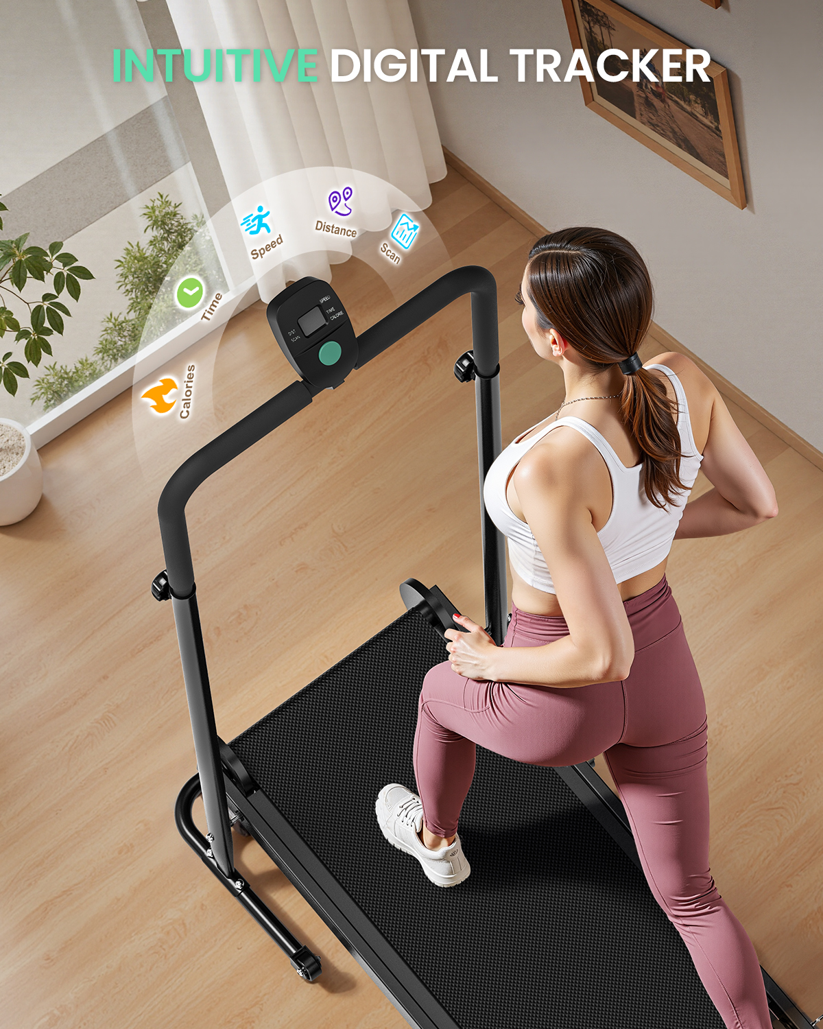 Una mujer corre en una caminadora compacta con pantalla digital en una habitación luminosa.