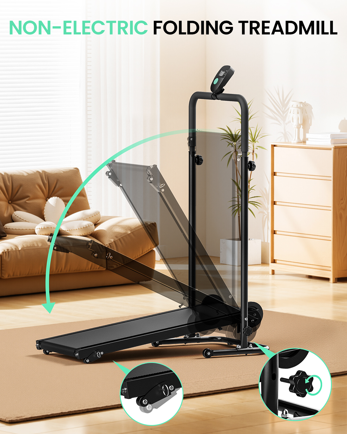 Una caminadora plegable negra en una sala con un sofá y una cómoda.