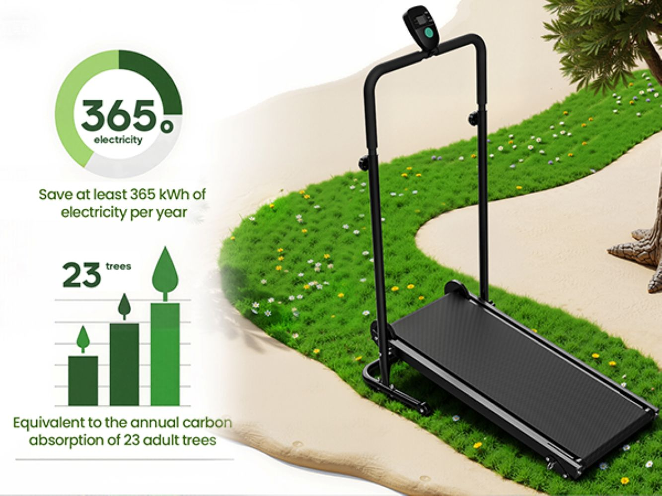 Una caminadora negra sobre pasto verde con infografías sobre ahorro de energía y absorción de carbono.