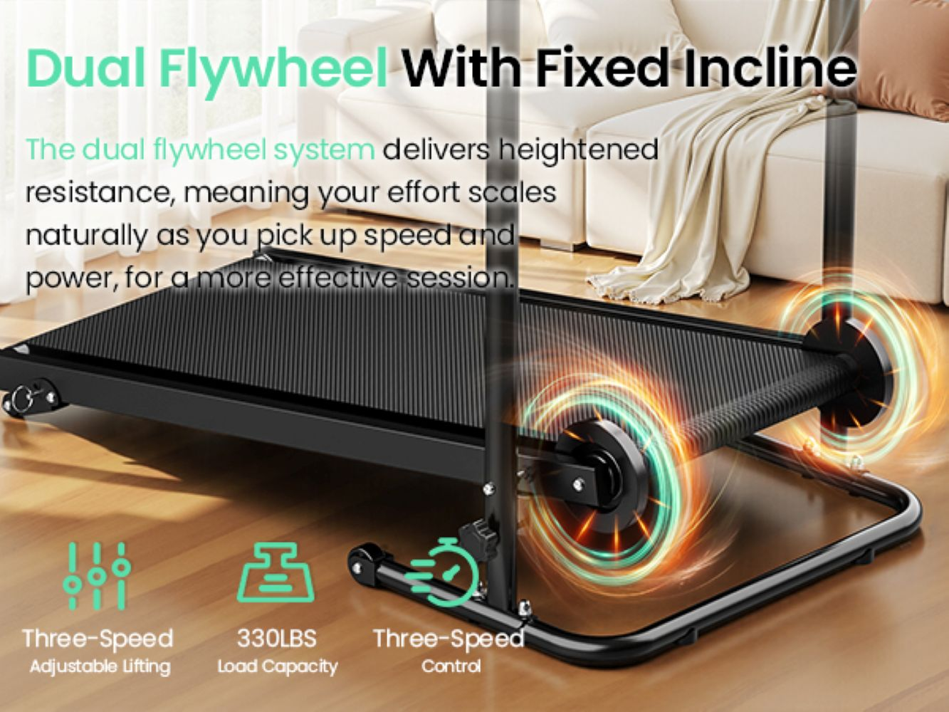 Equipo de fitness con doble volante, texto e iconos en suelo de madera.