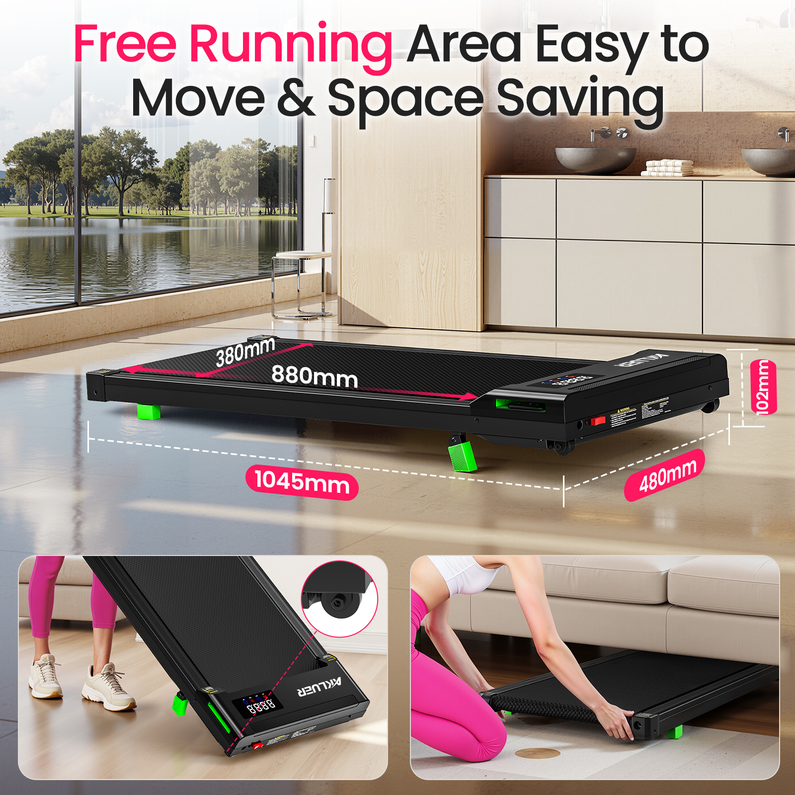 Cinta de correr plana con dimensiones, mostrada plegada y guardada debajo de un sofá en un apartamento moderno.