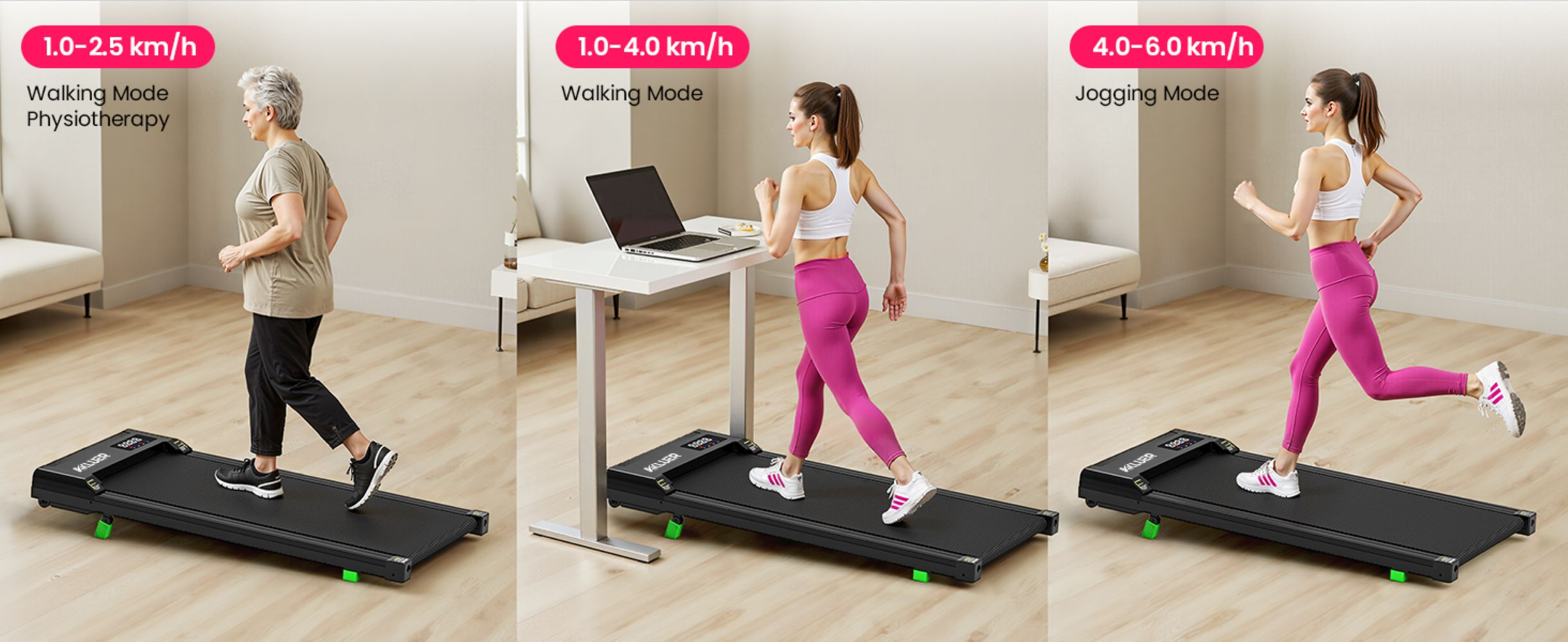 Tres personas usan una caminadora en diferentes modos: fisioterapia, caminar en escritorio de pie y trotar.