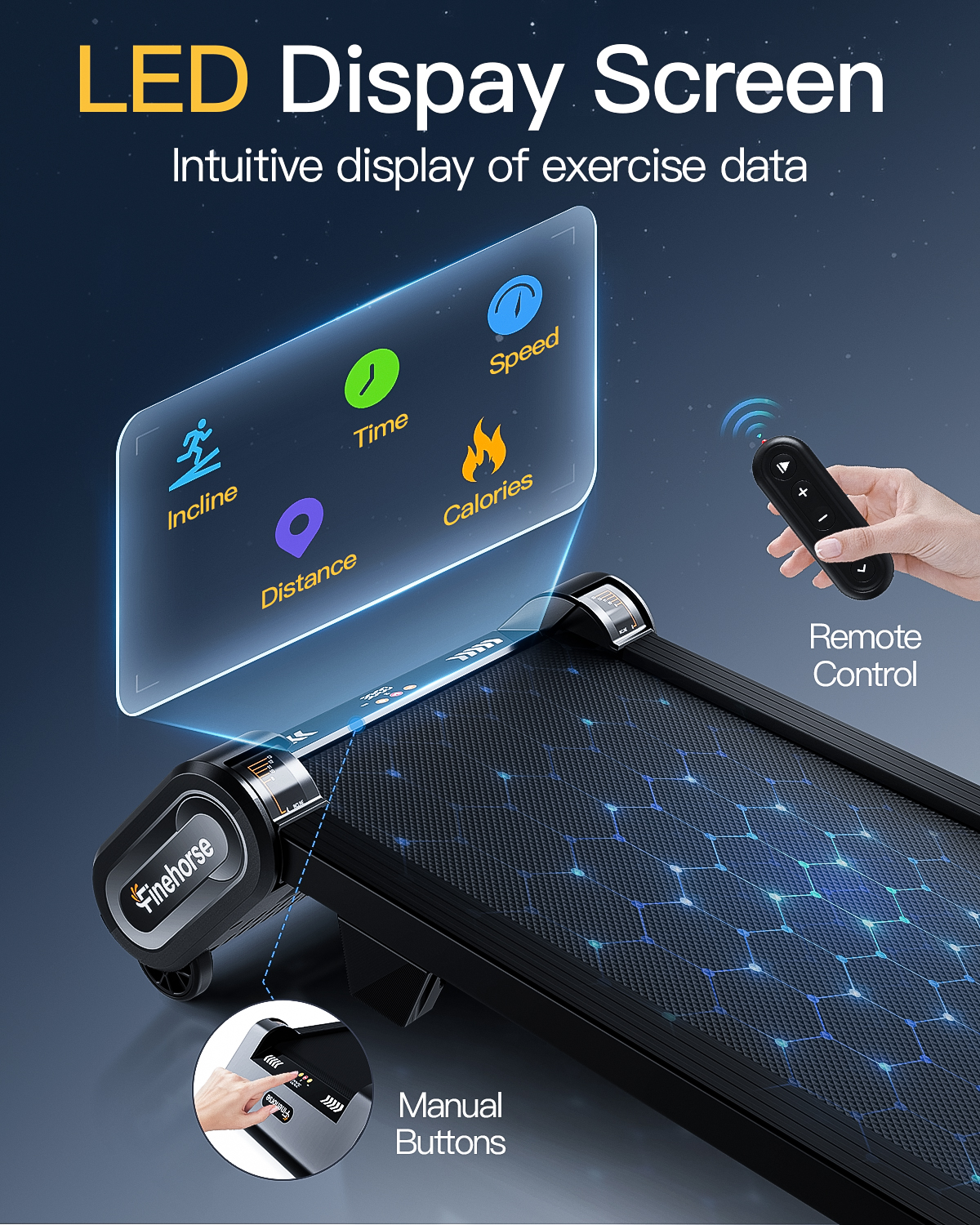 Cinta de correr con pantalla LED que muestra inclinación, tiempo, velocidad, distancia y calorías, con control remoto.