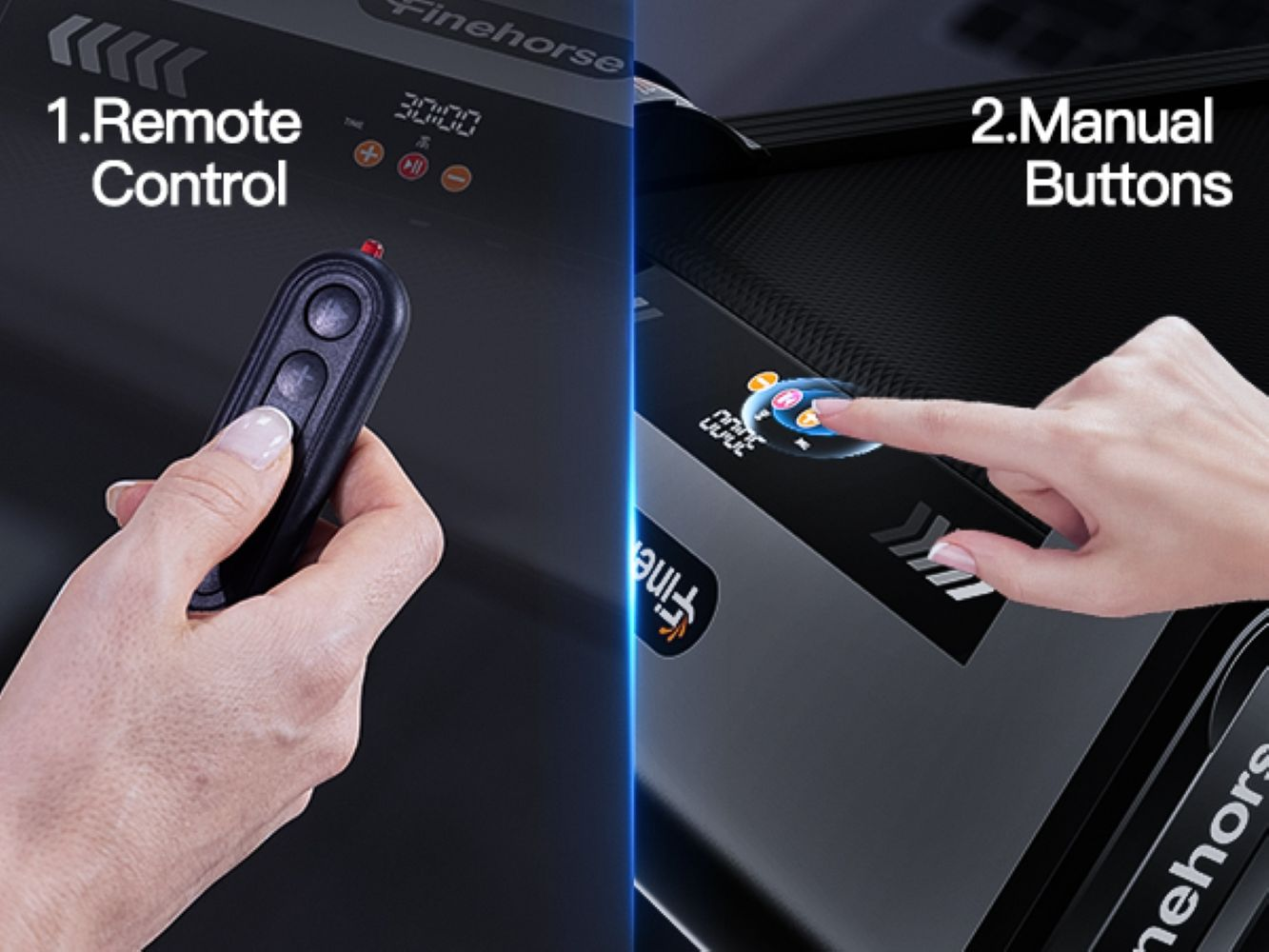 Pantalla dividida que muestra una mano sosteniendo un control remoto y otra mano presionando botones manuales.