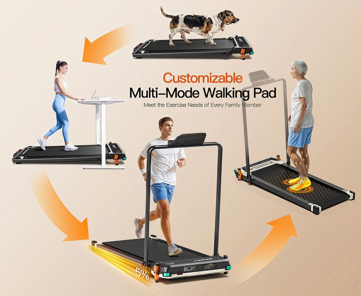 Diferentes personas y un perro usando una caminadora ajustable en varios modos.