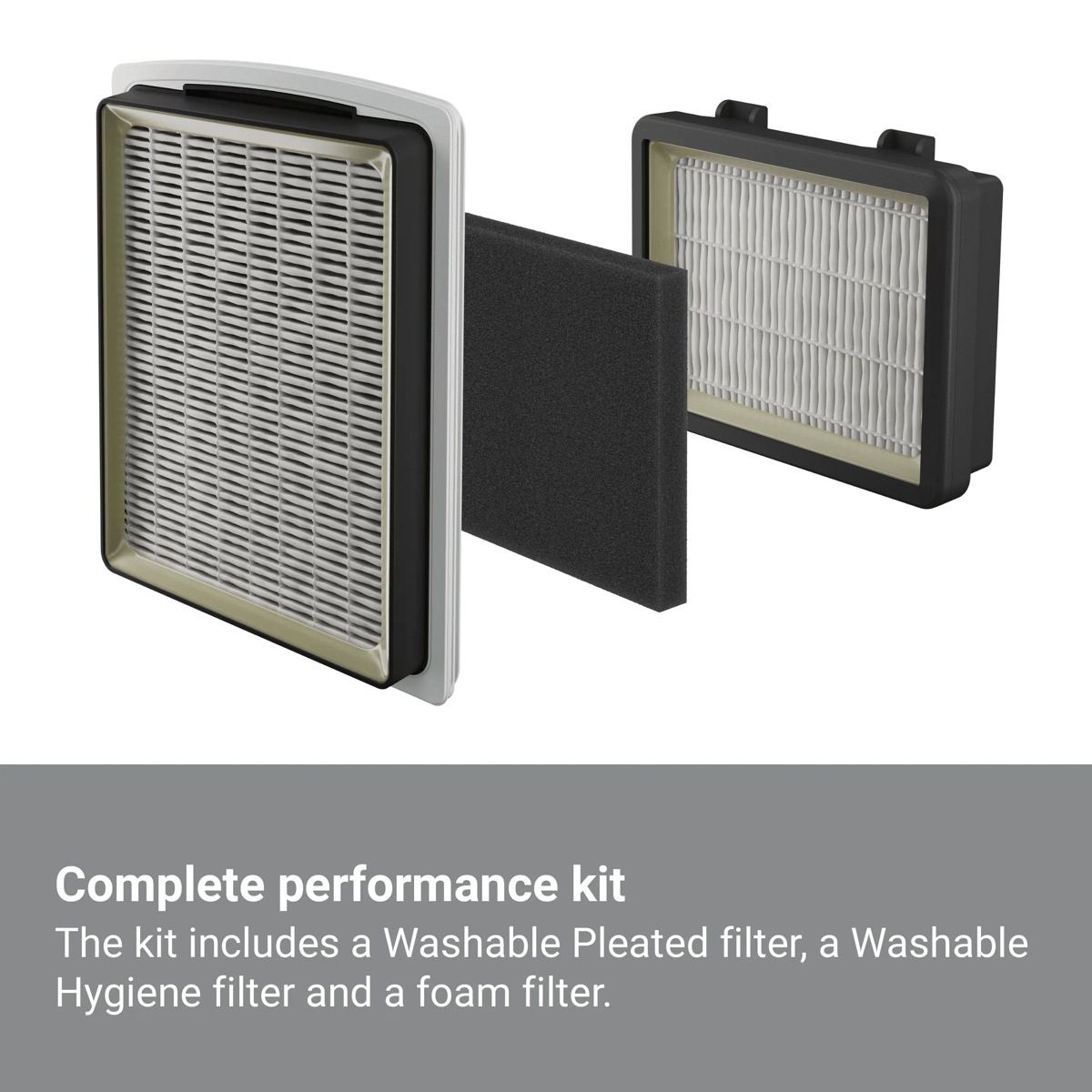 Un kit de rendimiento con un filtro plisado, un filtro de espuma y un filtro higiénico sobre fondo gris.