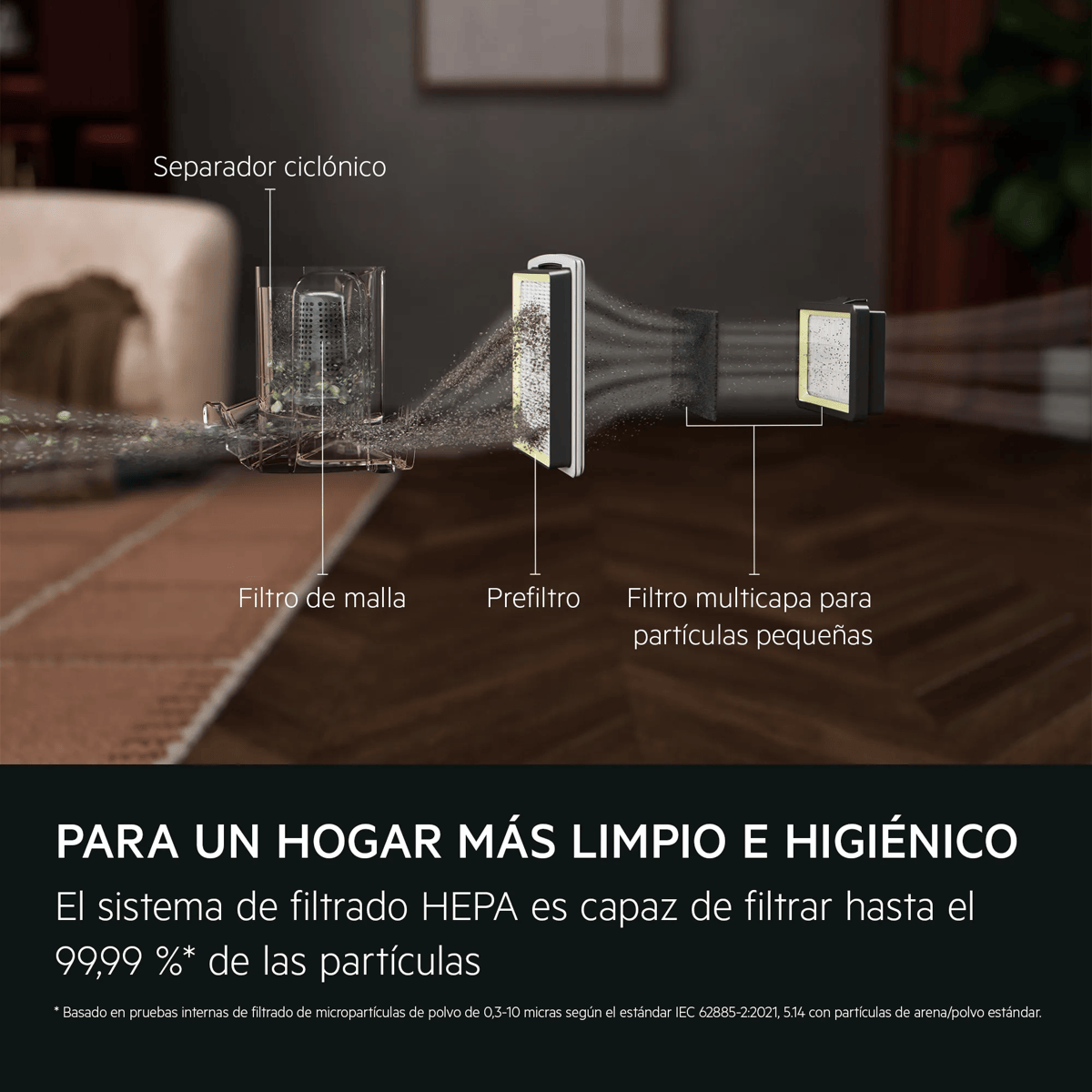 Diagrama del sistema de filtrado de aspiradora con separador ciclónico, filtro de malla, prefiltro y filtro multicapa.