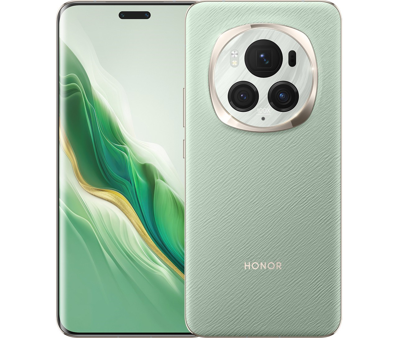 Ön ekranı dalgalı duvar kağıtlı ve arka kapağı dokulu iki yeşil Honor akıllı telefon.
