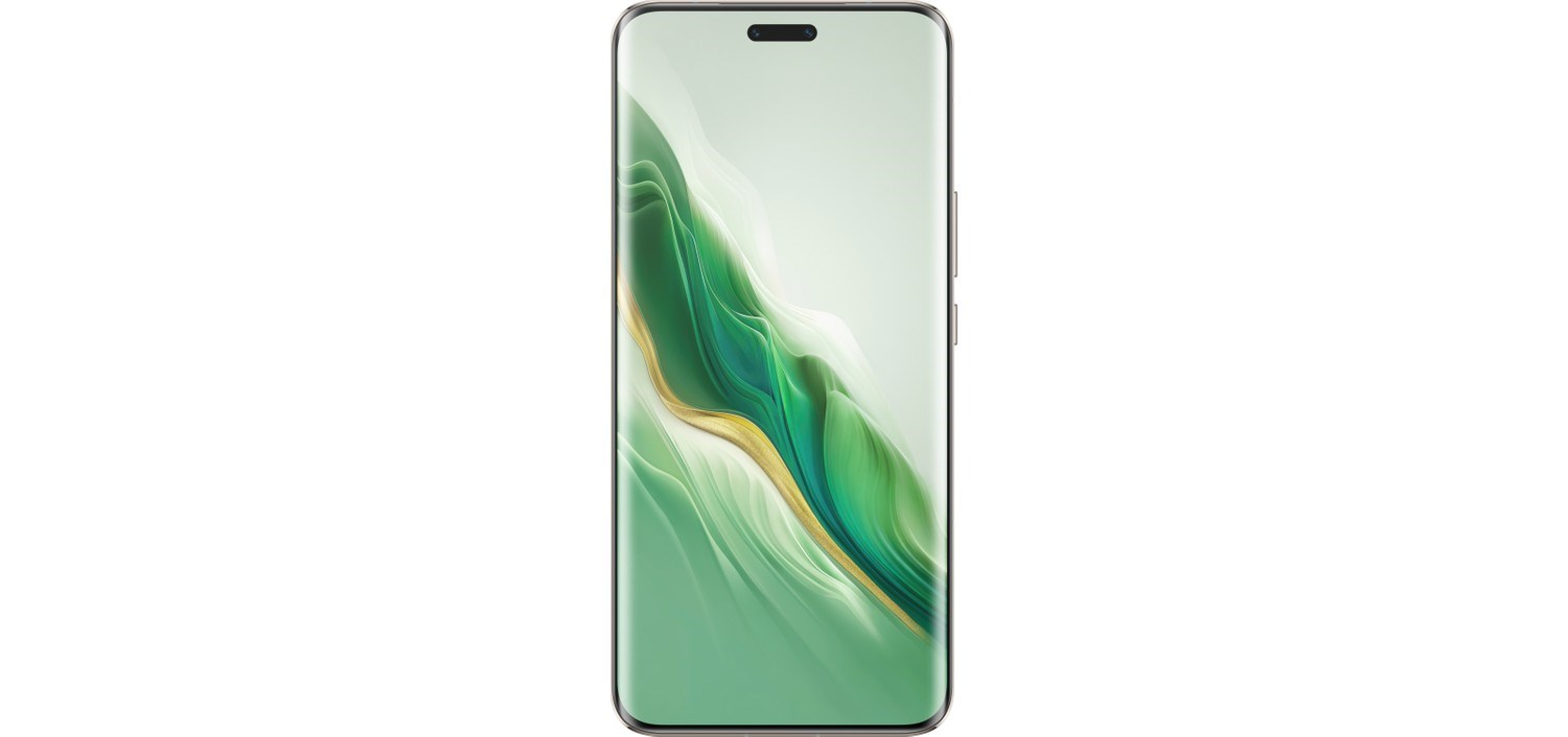 Kavisli ekrana sahip bir akıllı telefon, soyut yeşil ve altın rengi dalga desenli duvar kağıdı gösteriyor.