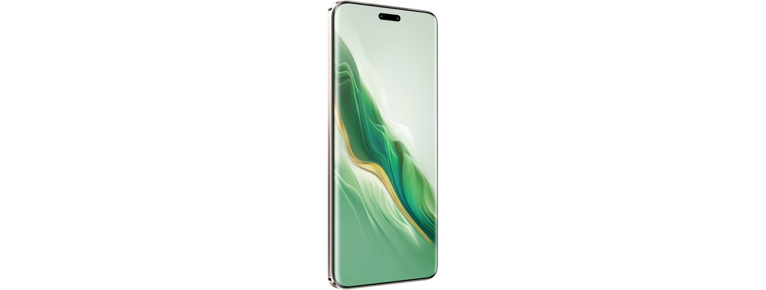Beyaz arka plan üzerinde kavisli ekranı ve yeşil-altın renkli duvar kağıdı olan bir akıllı telefon.