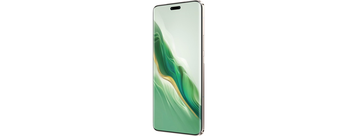 Kavisli ekrana sahip bir akıllı telefon, beyaz arka planda yeşil soyut bir dalga gösteriyor.
