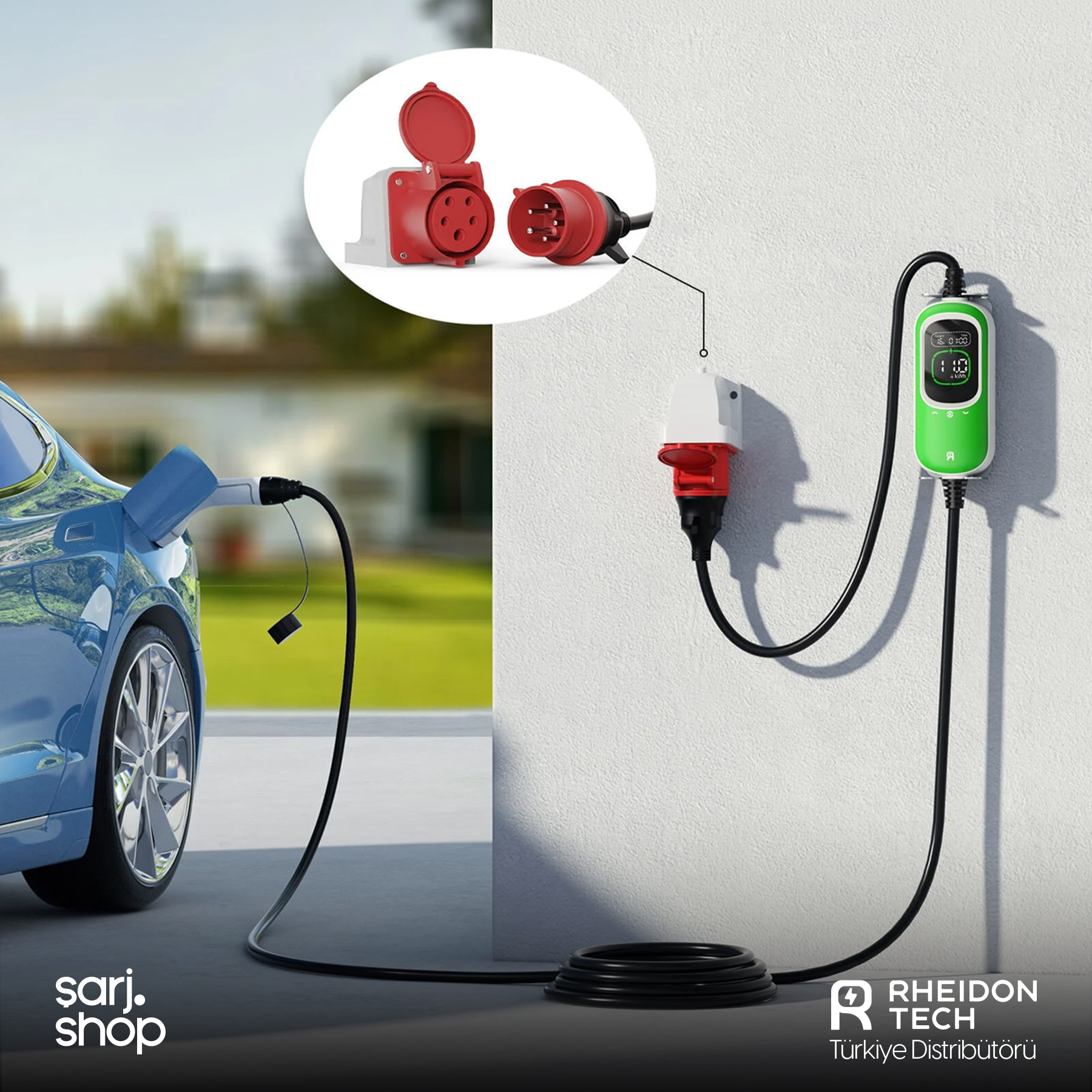Kırmızı fişli ve yeşil ekranlı duvara monte üniteden şarj olan elektrikli araba.