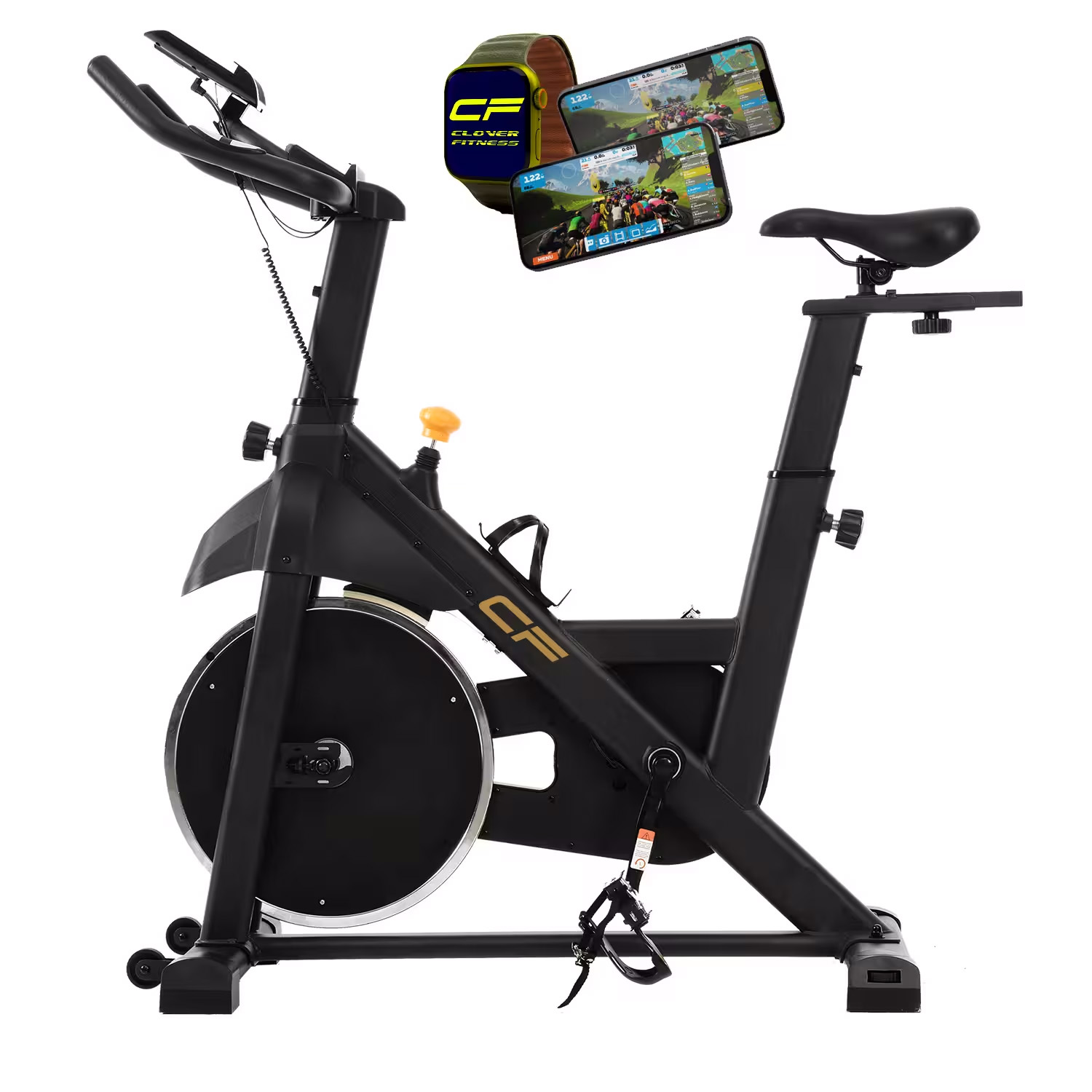Ein schwarzes Heimtrainer-Fahrrad mit einem Smartphone und einer Smartwatch, die eine virtuelle Radfahranwendung zeigen.