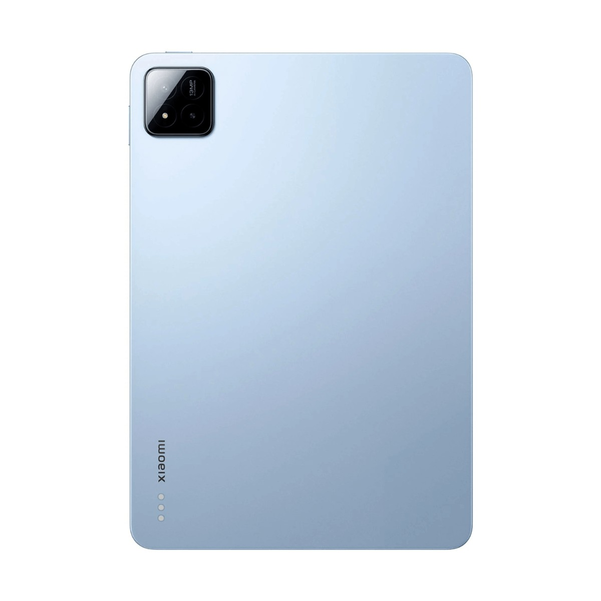 Rückseite eines hellblauen Xiaomi-Tablets mit rechteckiger Kameramodul oben links und dem Xiaomi-Logo unten.