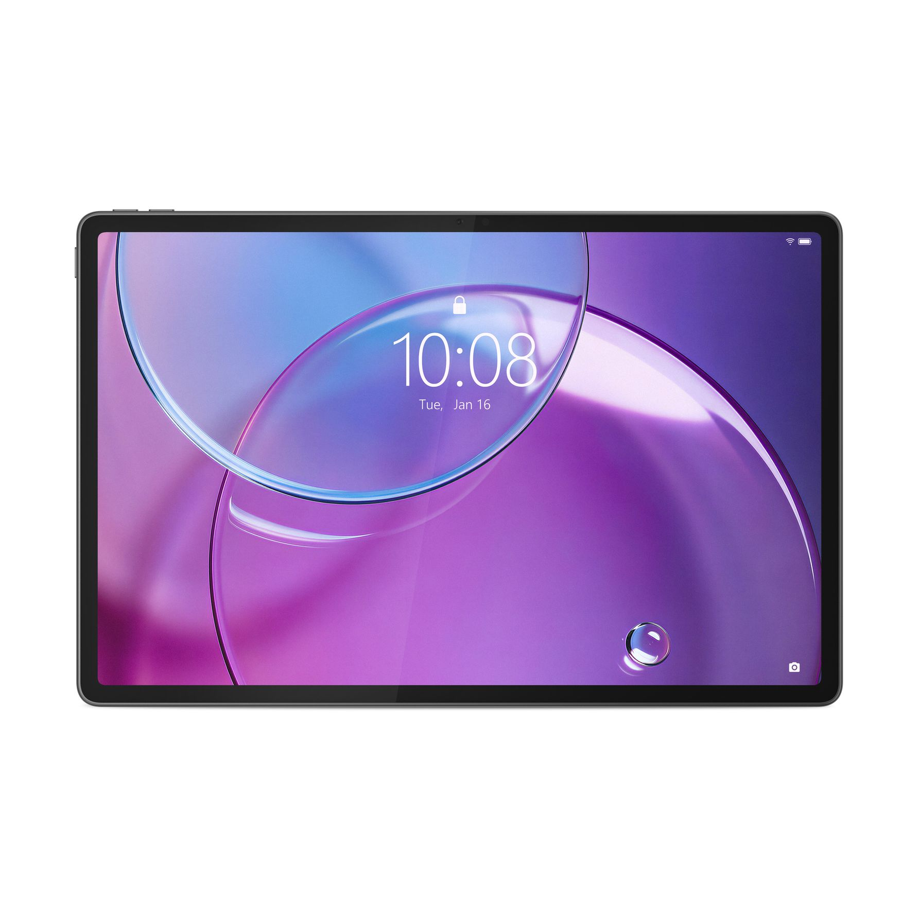 Una tableta negra muestra un fondo de pantalla morado con la hora 10:08 y una gota de agua.