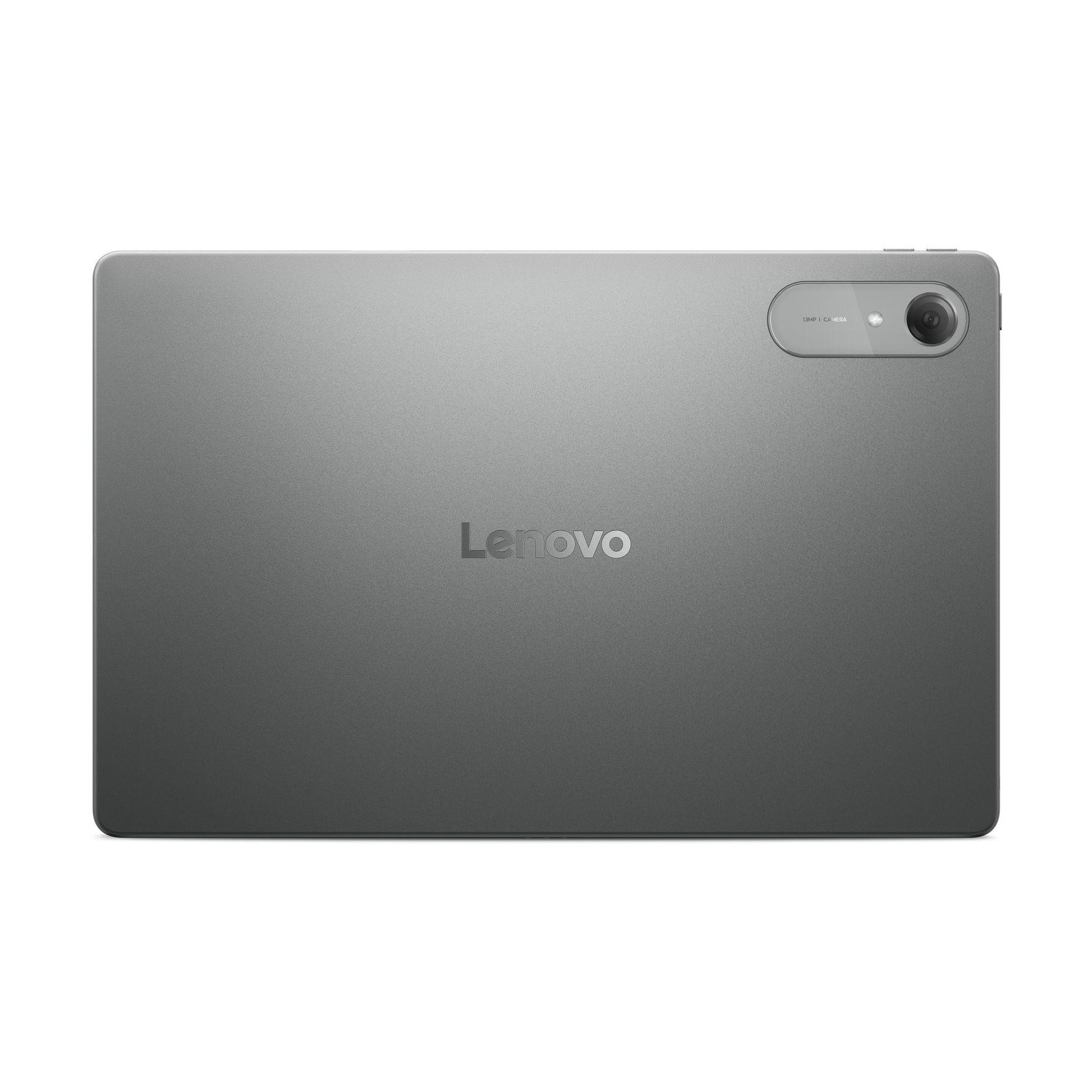 La parte trasera de una tableta Lenovo gris con un módulo de cámara en la esquina superior derecha.