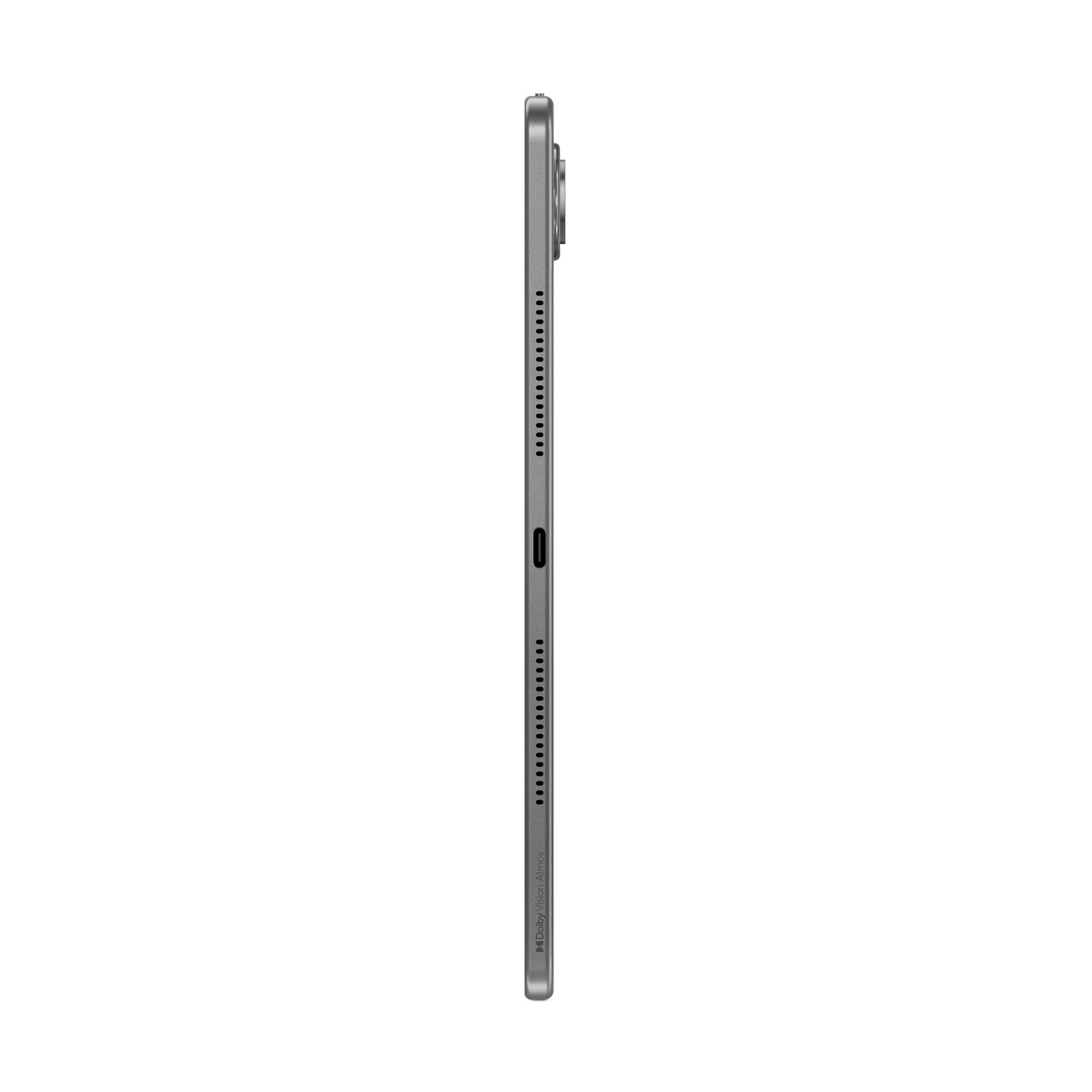 Vista lateral de una tableta delgada gris oscuro con rejillas para altavoces, puerto USB-C y cámara.