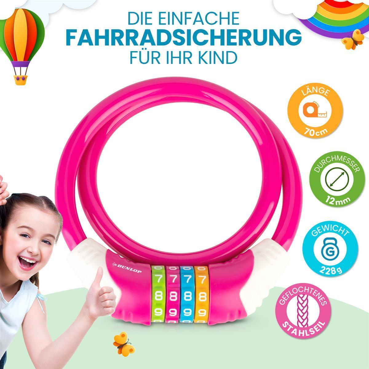 Ein rosafarbenes Dunlop-Kinderschloss mit Zahlencode, präsentiert von einem glücklichen Mädchen.
