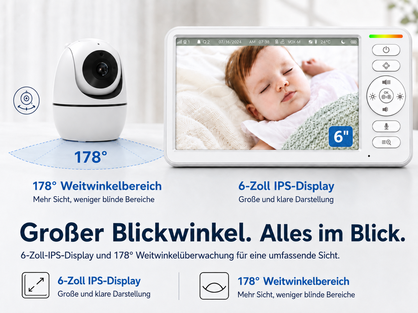 Ein Babyphone mit Kamera und 6-Zoll-Display zeigt ein schlafendes Baby.