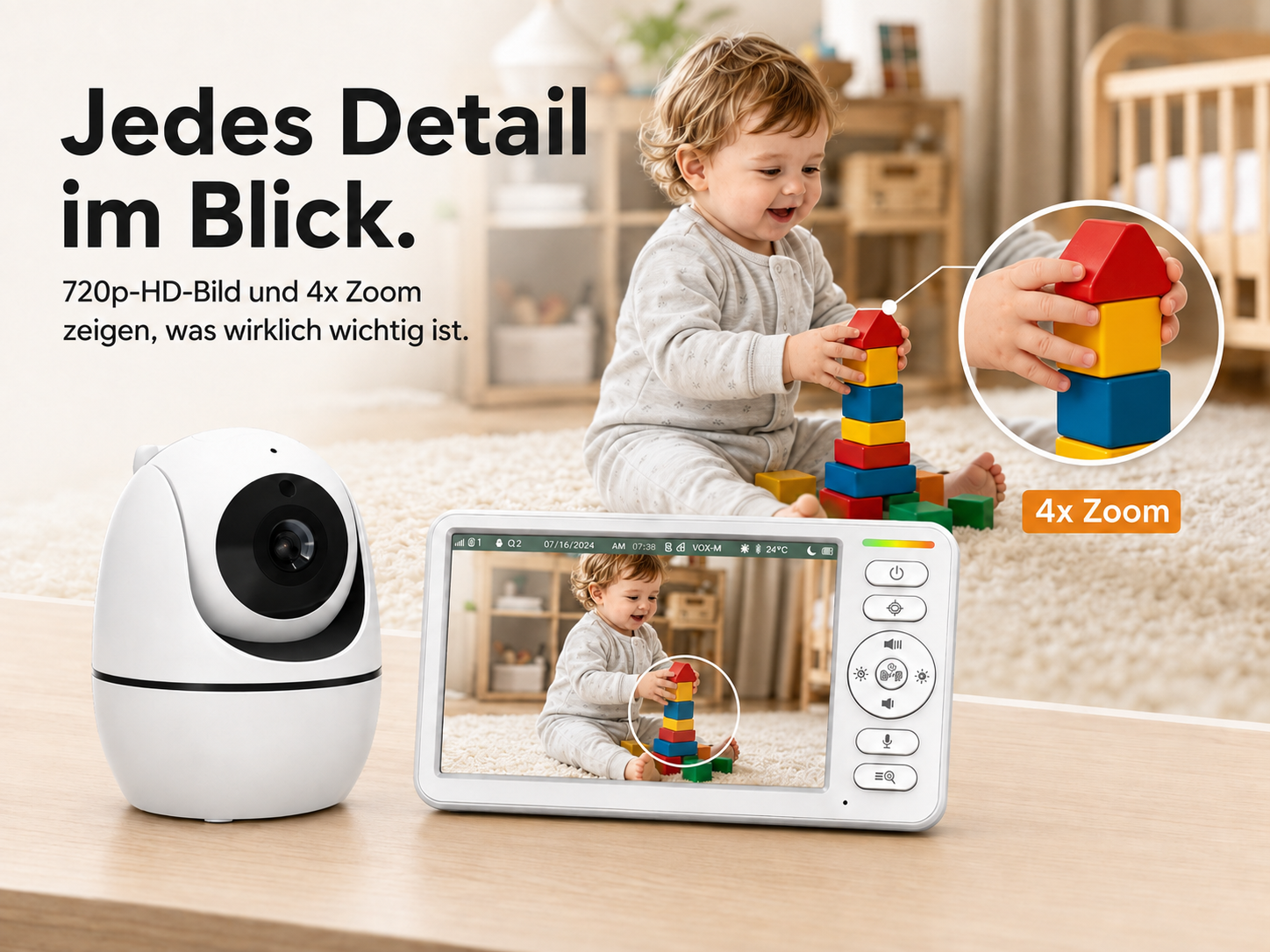 Ein weißes Babyfon und Monitor zeigen ein Kleinkind, das mit bunten Bauklötzen spielt.