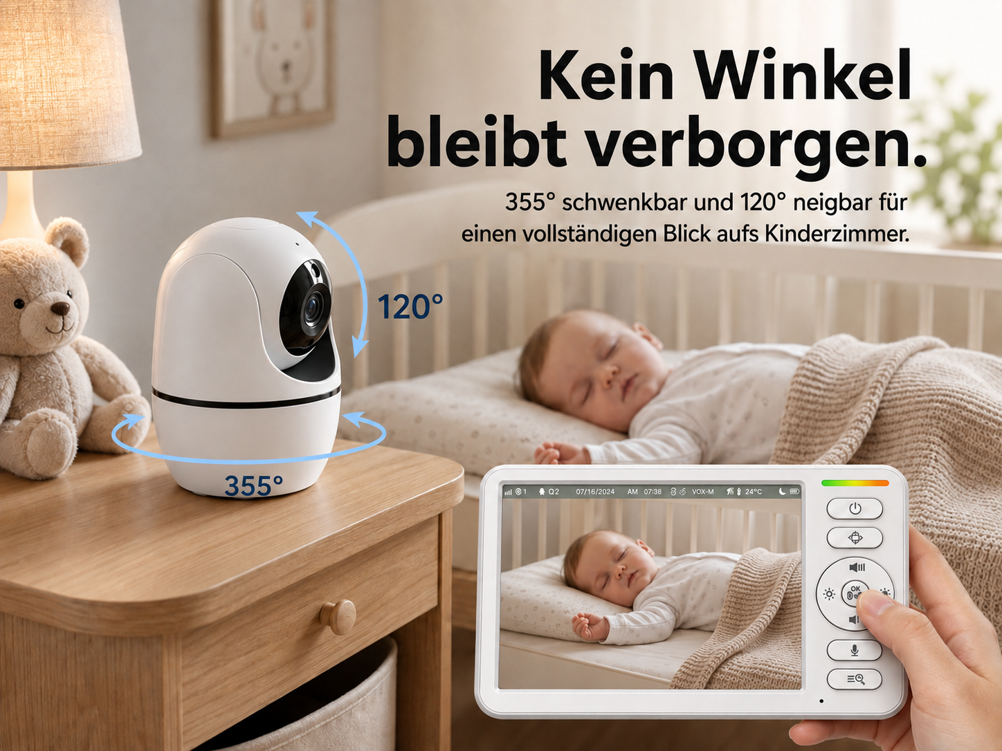 Eine weiße Babyphone-Kamera auf einem Nachttisch, ein Monitor zeigt ein schlafendes Baby im Bett.