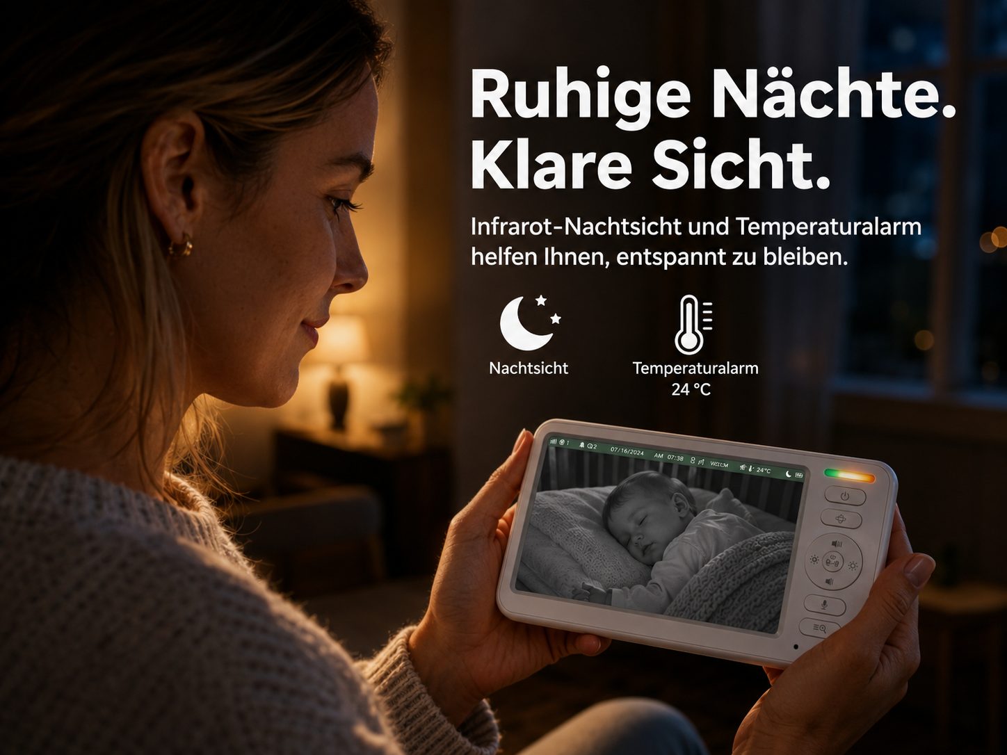 Eine Frau hält einen Babyfon-Monitor, der ein schlafendes Kind zeigt. Text und Icons für Nachtsicht und Temperatur.