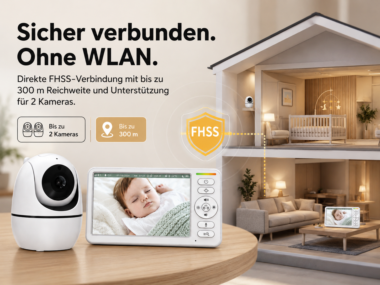 Sichere FHSS-Babyphone-Verbindung ohne WLAN mit Kamera und Elterneinheit vor einem Puppenhaus-Schnittmodell.
