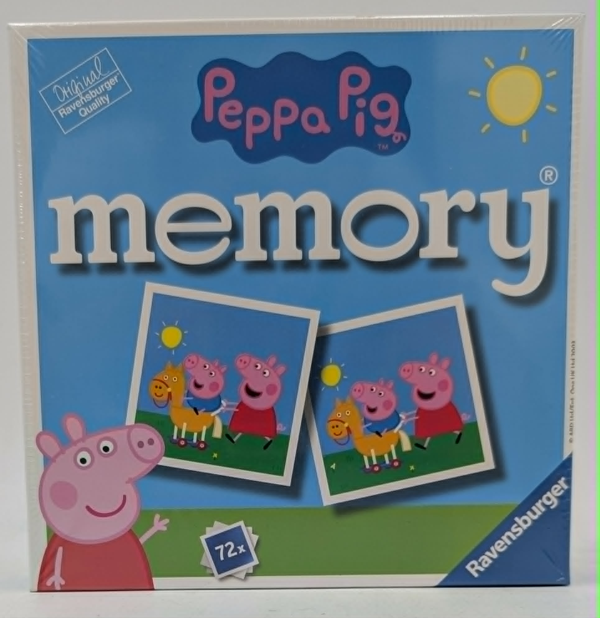Eine Peppa Pig Memory-Spielebox mit Peppa und George auf einem gelben Spielpferd vor blauem Hintergrund.