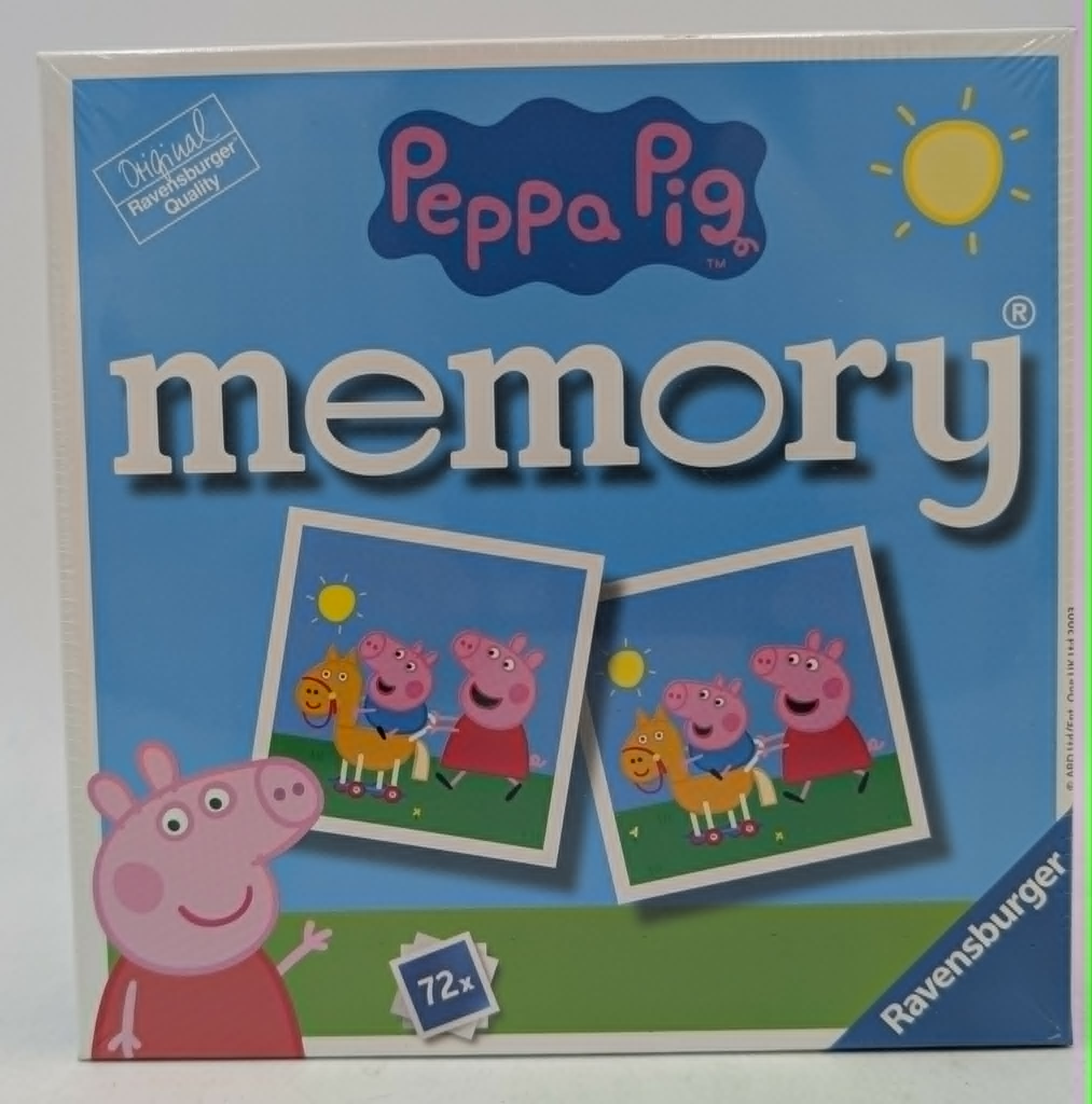 Peppa Pig Memory-Spielbox in Blau mit Peppa-Pig-Figuren auf Fotos und dem Ravensburger-Logo.