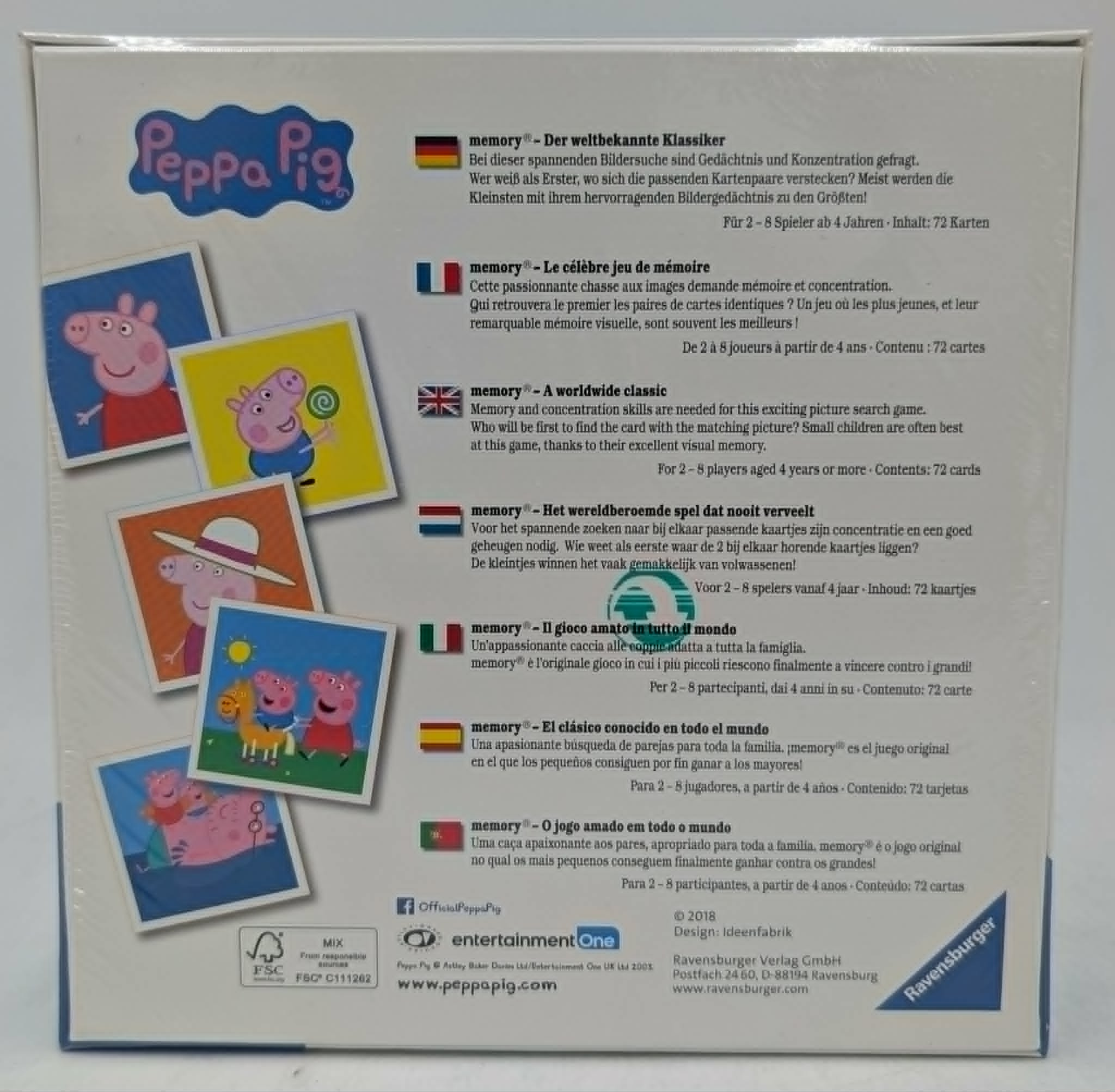 Rückseite einer Peppa Wutz Memory-Spielverpackung mit mehrsprachigen Beschreibungen.