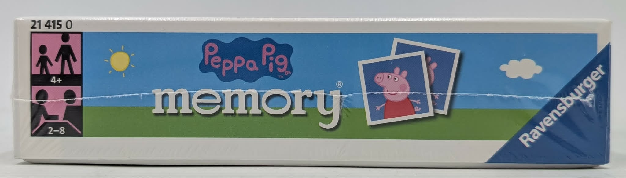 Seitenansicht einer Peppa Pig Memory-Spieleverpackung von Ravensburger mit dem blauen Logo und Spielfiguren.