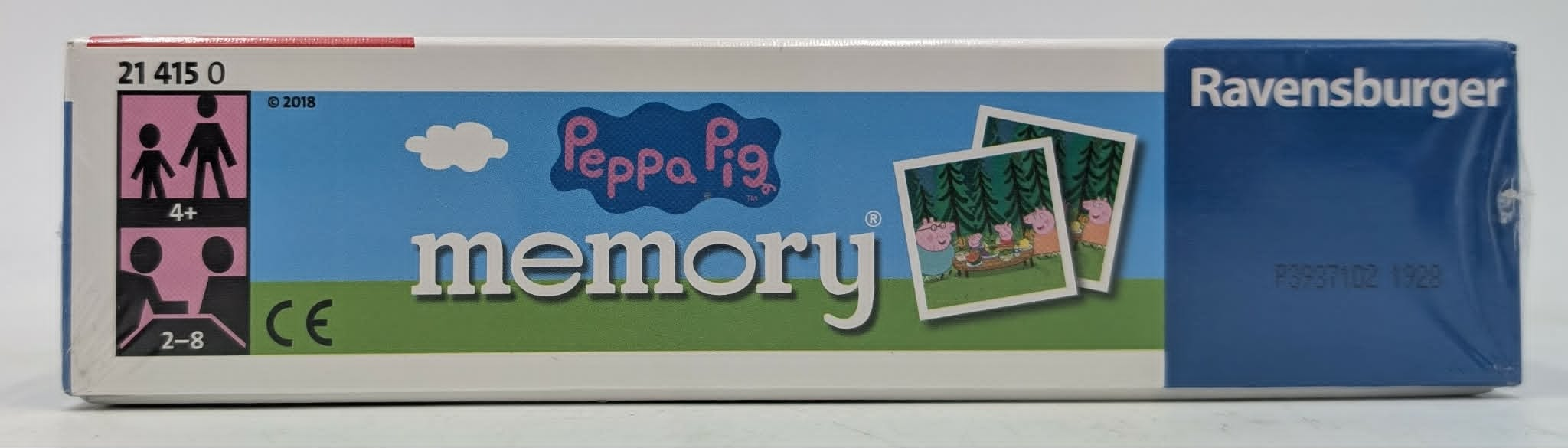 Seitenansicht einer Ravensburger Peppa Pig Memory Spielschachtel in Blau und Weiss.