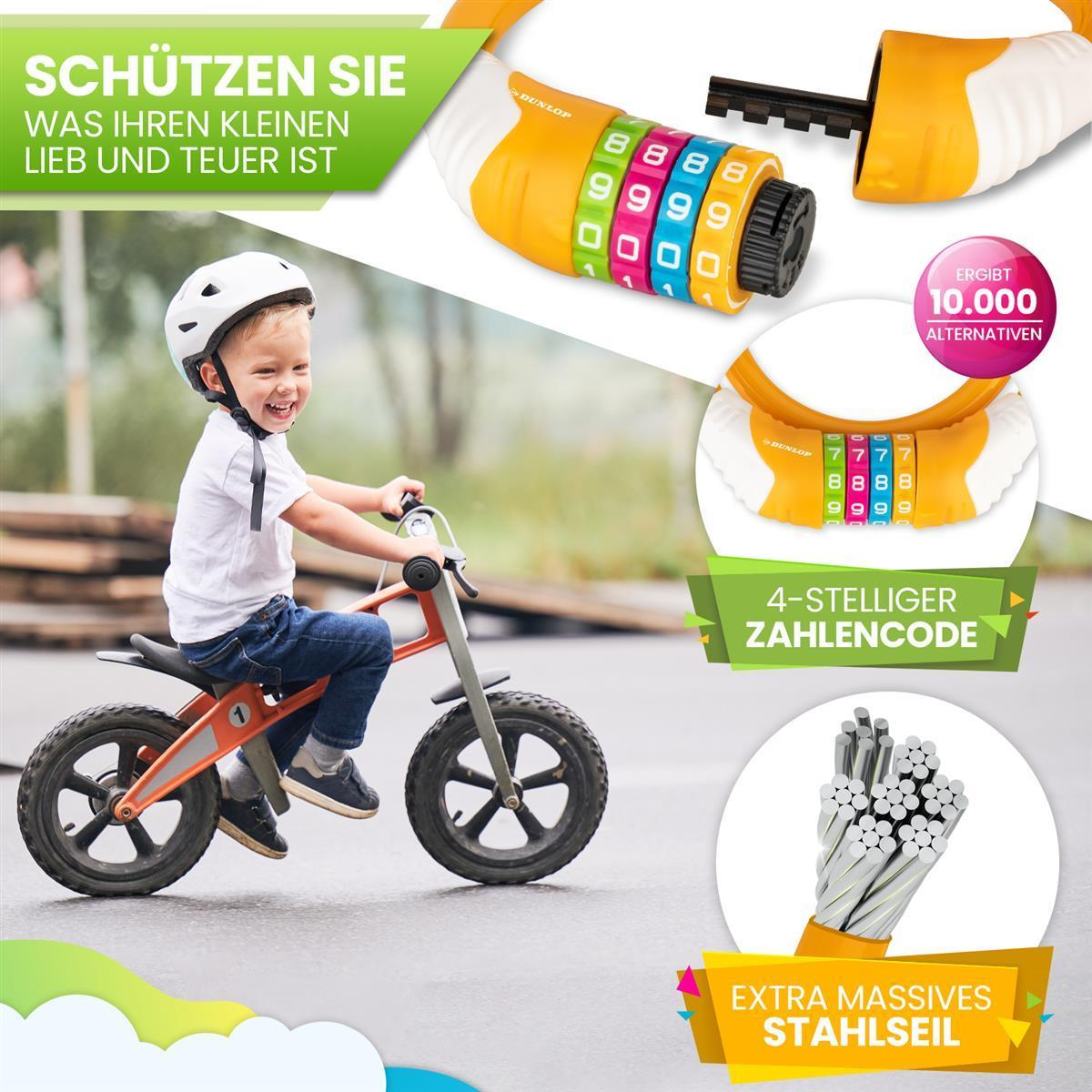 Ein lächelnder Junge mit Helm fährt Laufrad, neben Dunlop-Schlossdetails und deutschem Text.