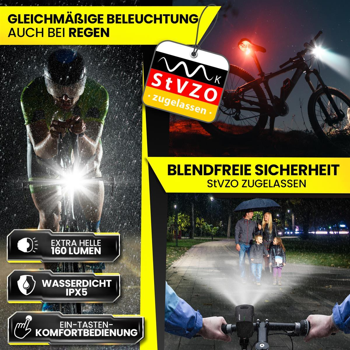 Fahrradbeleuchtung mit heller Lampe, wasserdicht und StVZO-zugelassen für Regen.