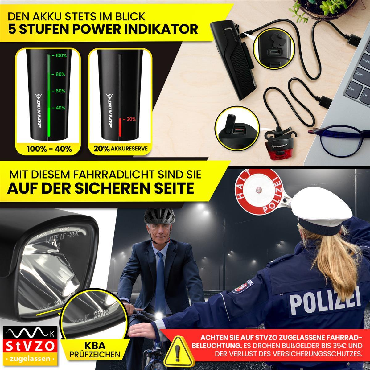 Werbeplakat für Dunlop-Fahrradlichter mit Batterieanzeige, Ladevorgang, Radfahrer und deutschem Polizisten.