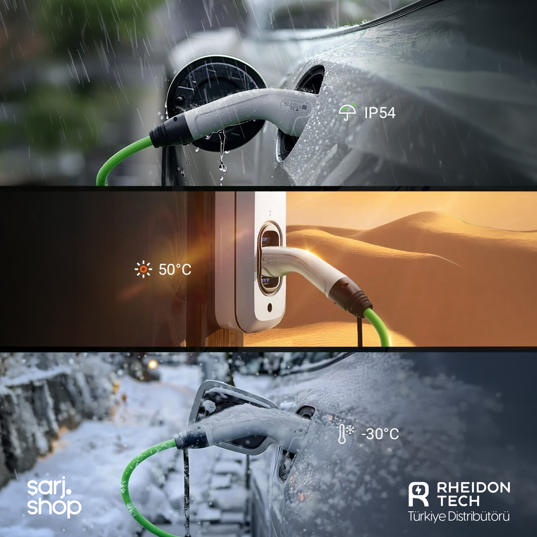 Yağmurda IP54, 50 derece çölde ve eksi 30 derece karda şarj olan bir elektrikli aracı gösteren üç panel.