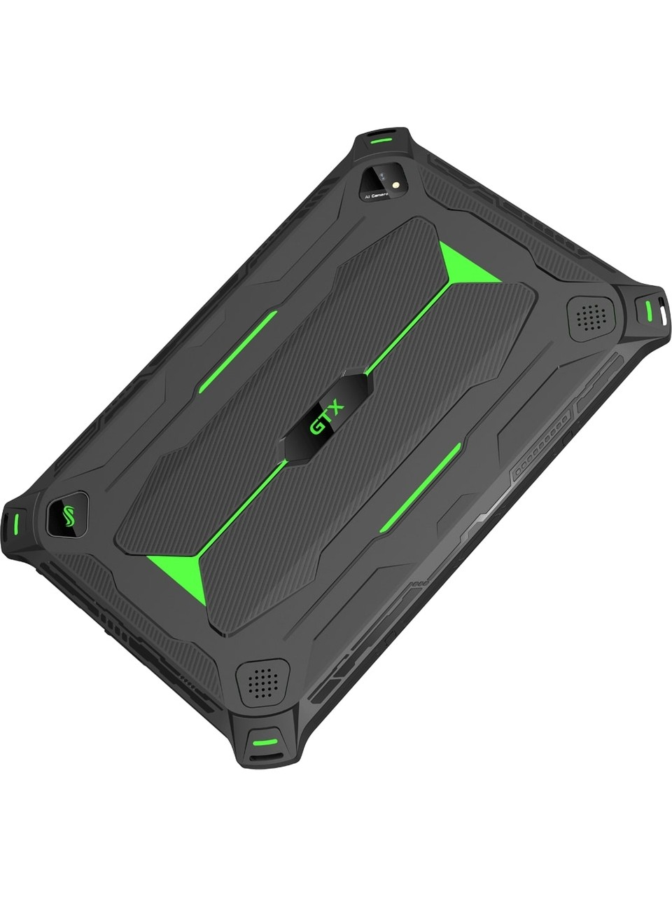 Parlak yeşil detaylara ve arkasında GTX logosuna sahip sağlam siyah tablet.