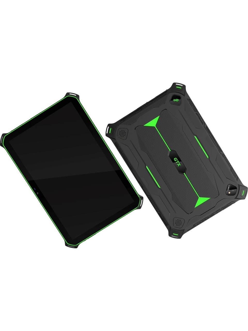 Yeşil detaylara sahip dayanıklı siyah tablet, beyaz arka planda ön ve arka yüzüyle gösteriliyor.