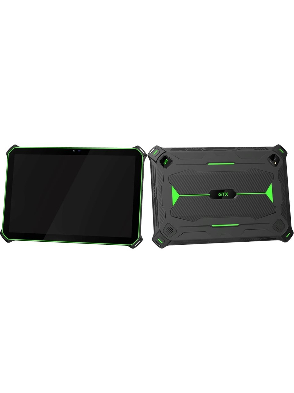 Yeşil şeritli ve dayanıklı koruma kılıflı siyah GTX tablet, ön ve arka görünümleriyle.