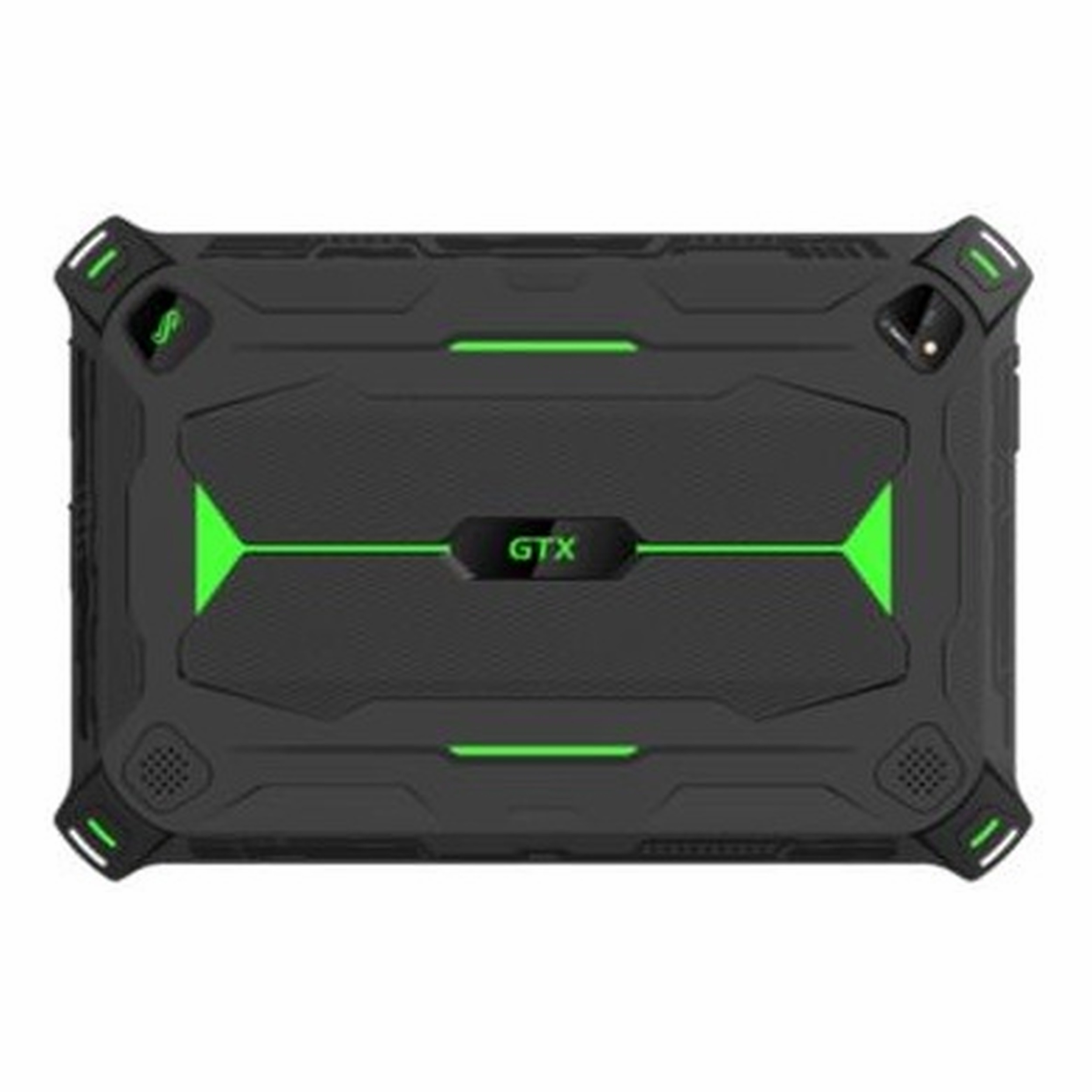 Ortasında GTX yazısı ve yeşil detaylar bulunan siyah, dayanıklı tablet.