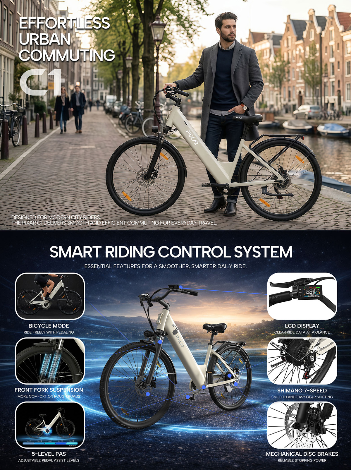Un hombre con una bicicleta eléctrica color crema en una calle europea, con detalles técnicos abajo.