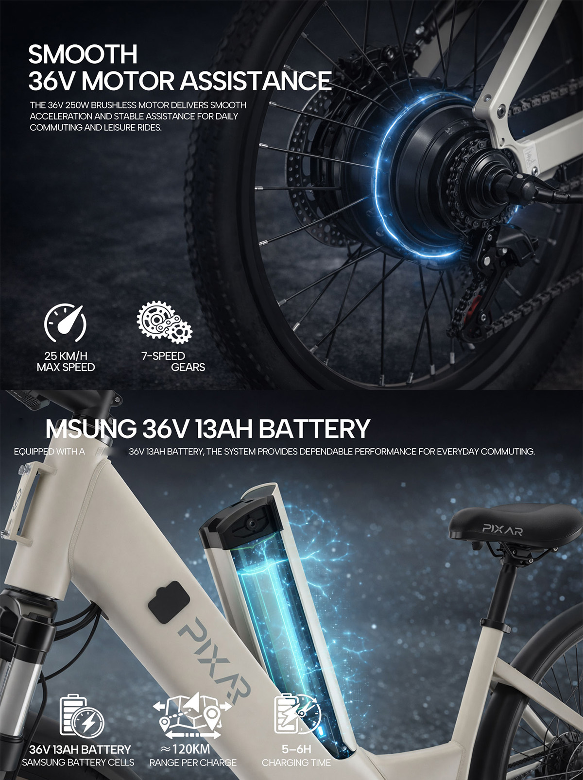 Características de la e-bike: motor de 36V, batería de 13Ah, velocidad máx. 25km/h, 7 marchas y 120km de autonomía.