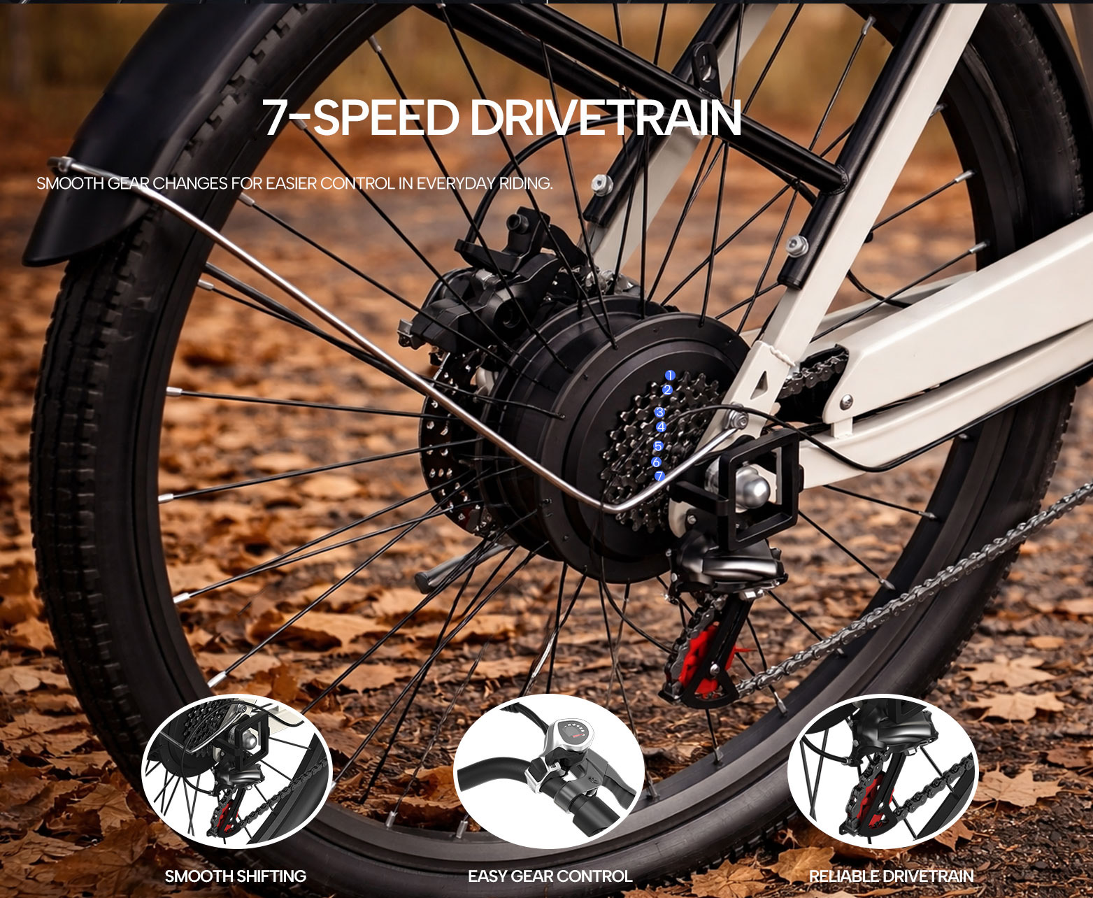 Primer plano de la rueda trasera de una bicicleta y transmisión de 7 velocidades sobre hojas caídas.